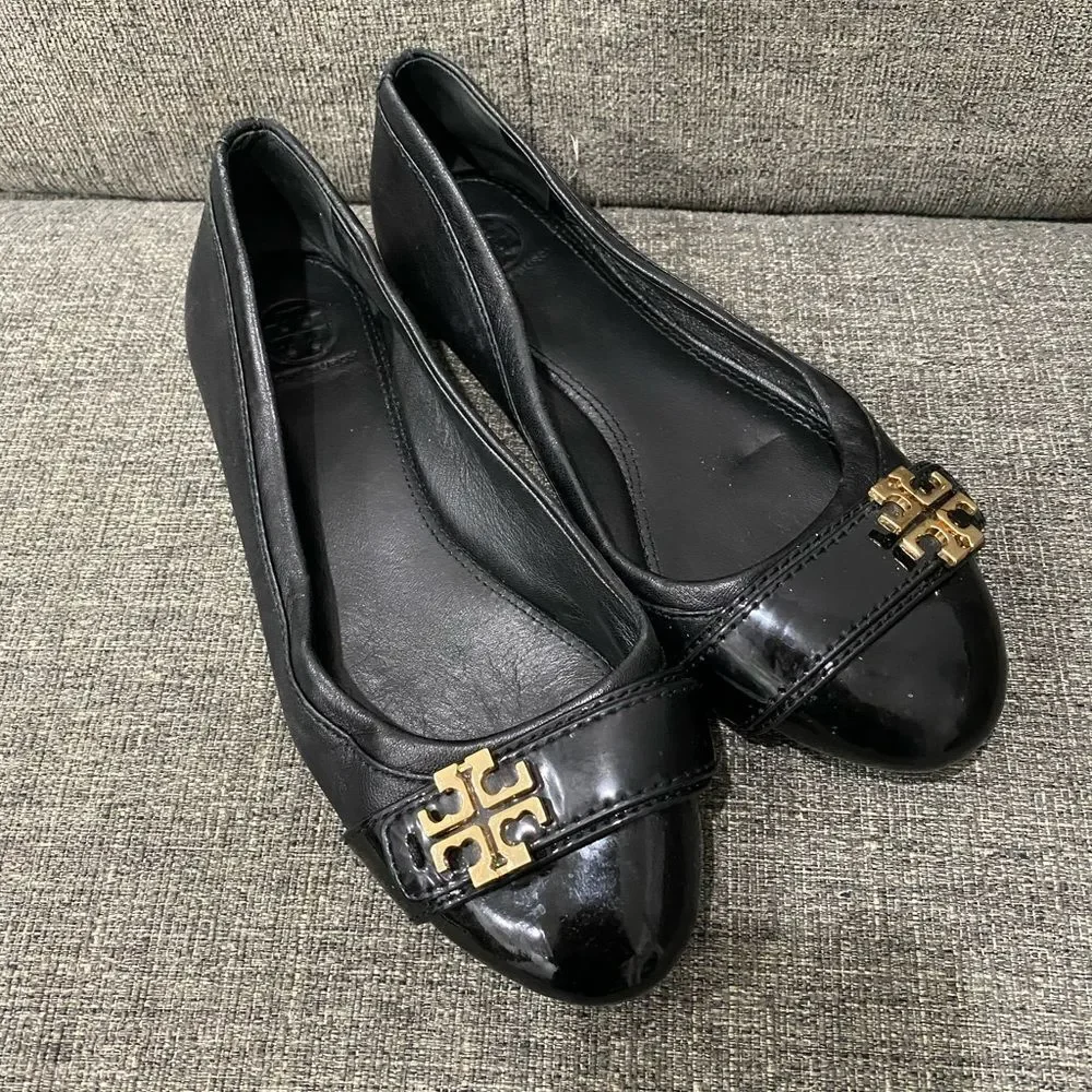 Tory Burch Eloise Black Leather Logo Ballet Flats Women Size 7